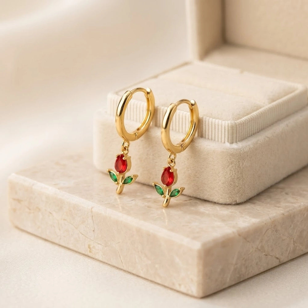 Red Tulip Flower Drop Hoop Earrings - Anti Tarnish Gold Plated
