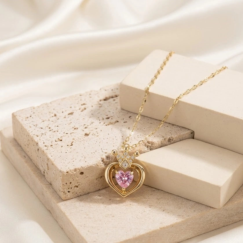 Pink Heart Crown Princess Necklace - Anti-Tarnish Gold Plated