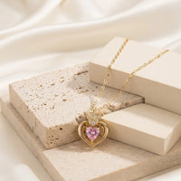 Pink Heart Crown Princess Necklace - Anti-Tarnish Gold Plated