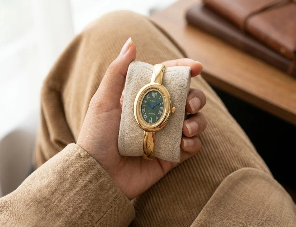 Vintage Emerald Green Dial Bangle Watch | Anti-Tarnish Gold Plated | Moncheri Jewels