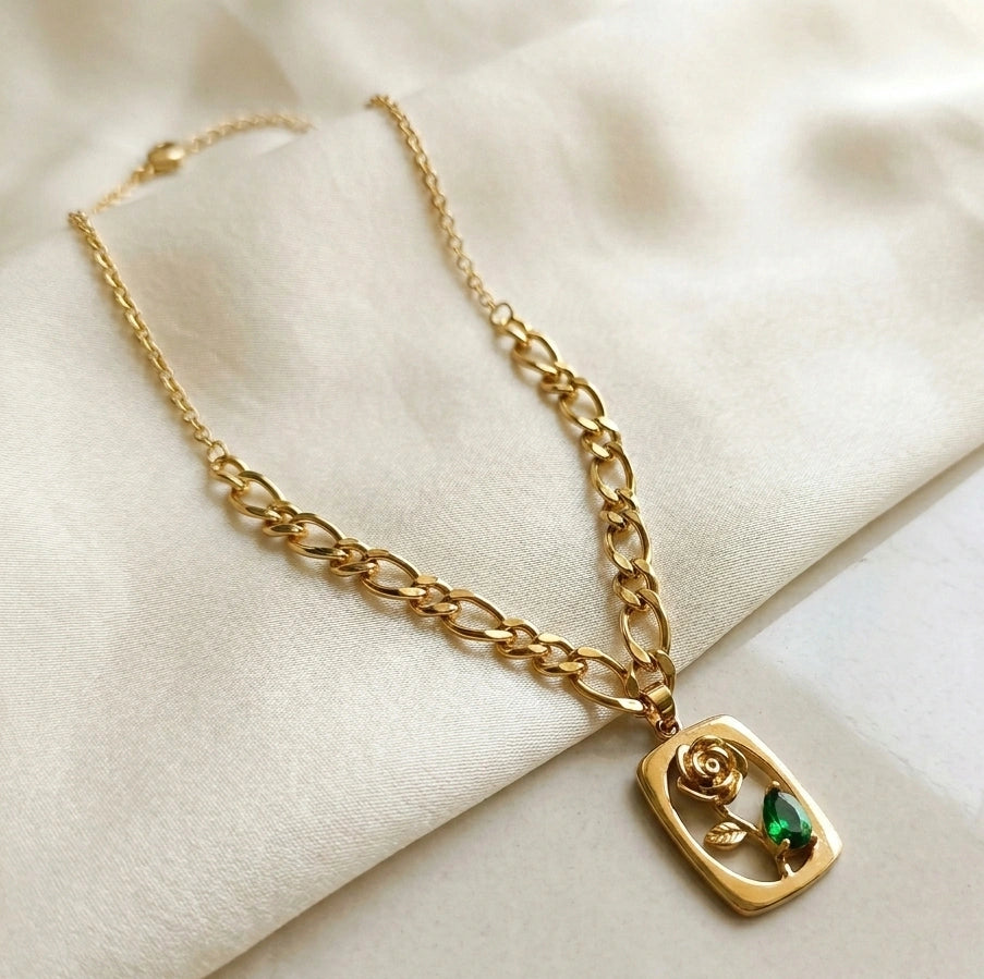 Vintage Rose Pendant Gold Plated Necklace with Green Stone - Anti Tarnish