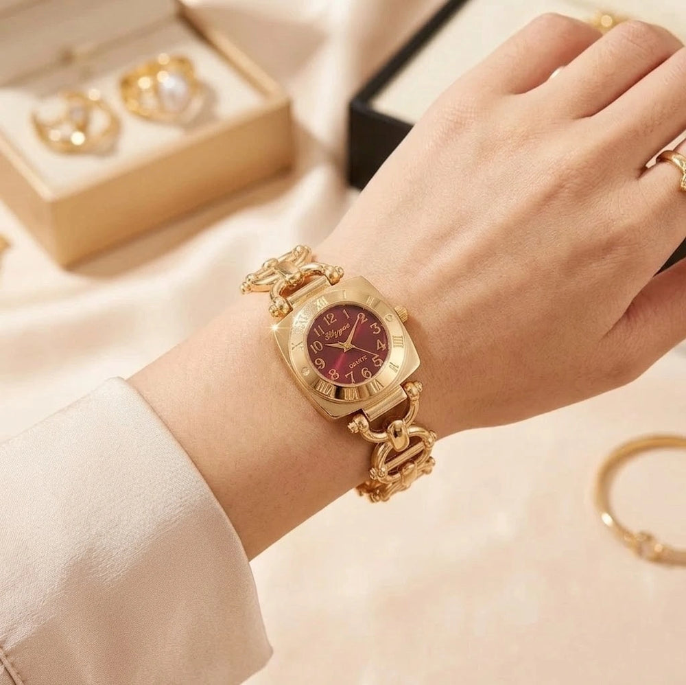 Vintage Maroon Dial Chain Watch | Anti-Tarnish Gold Plated