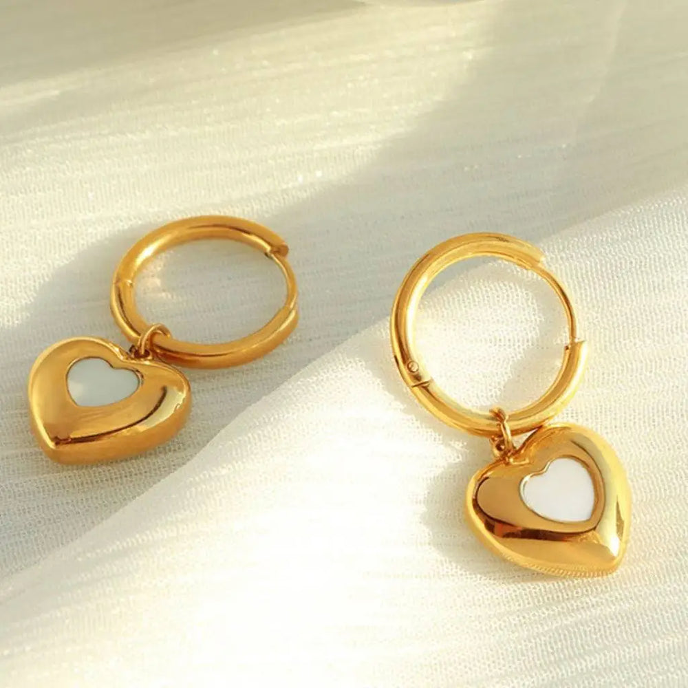 White Heart Charm Huggie Earrings | Gold Plated Anti-Tarnish Hoops | Stainless Steel Korean Jewelry
