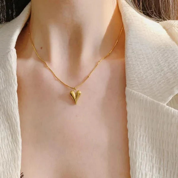 Golden Puffy Heart Pendant Necklace - Anti-Tarnish Waterproof Korean Jewelry
