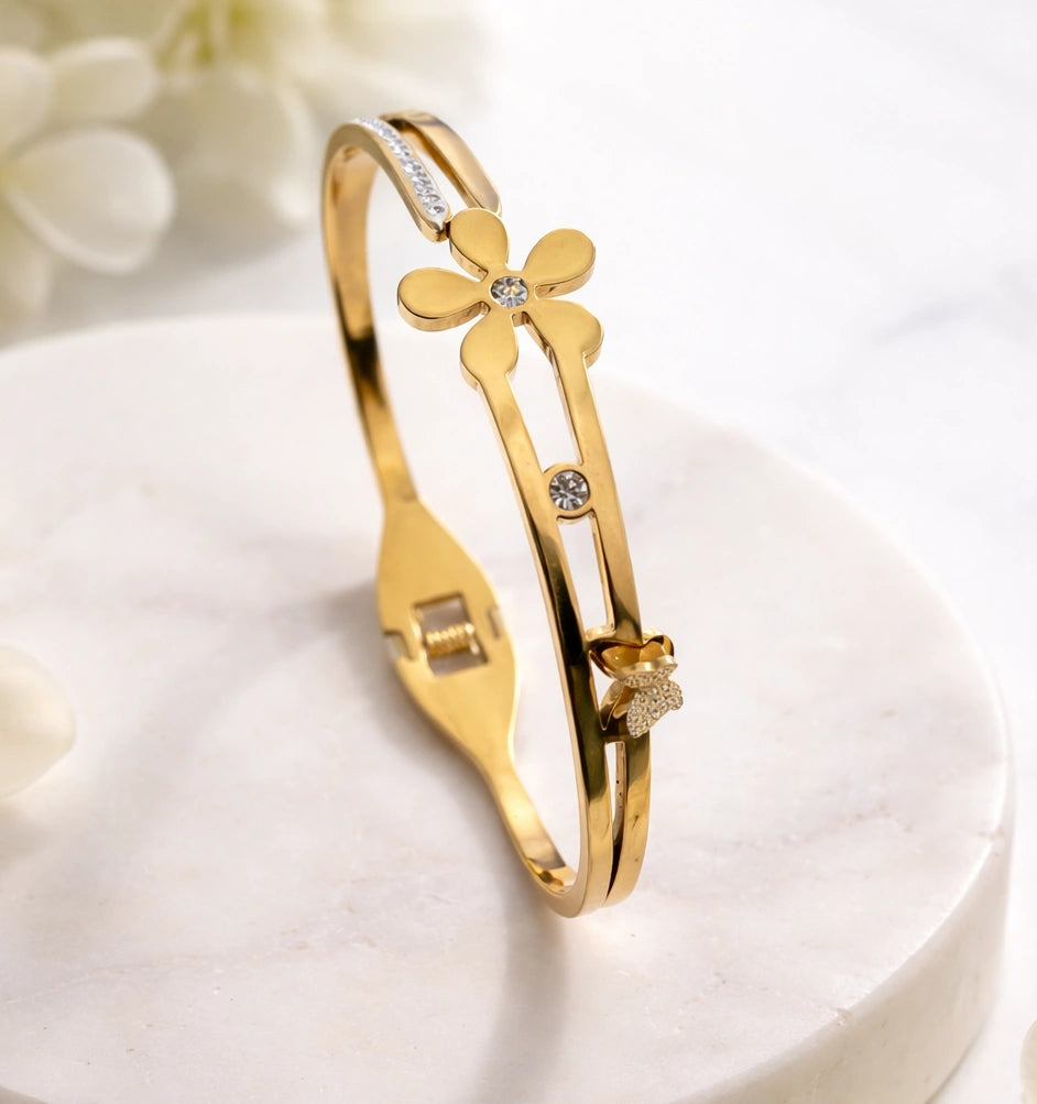 Korean Floral Anti-Tarnish Gold Plated Bracelet - Stainless Steel Waterproof Bangle