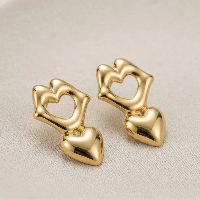 Quirky Lips & Heart Drop Earrings - Anti-Tarnish Gold Plated