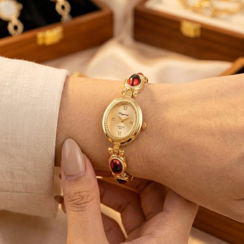 Vintage Aesthetic Oval Dial Watch | Anti-Tarnish Gold Plated with Red Accents