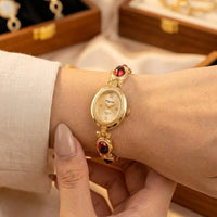 Vintage Aesthetic Oval Dial Watch | Anti-Tarnish Gold Plated with Red Accents