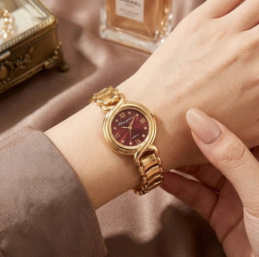 Elegant Maroon Dial Anti-Tarnish Gold Plated Women's Watch