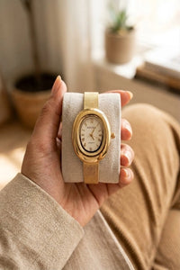 Vintage Oval Dial Anti-Tarnish Gold Plated Mesh Watch - Koushi | Moncheri Jewels