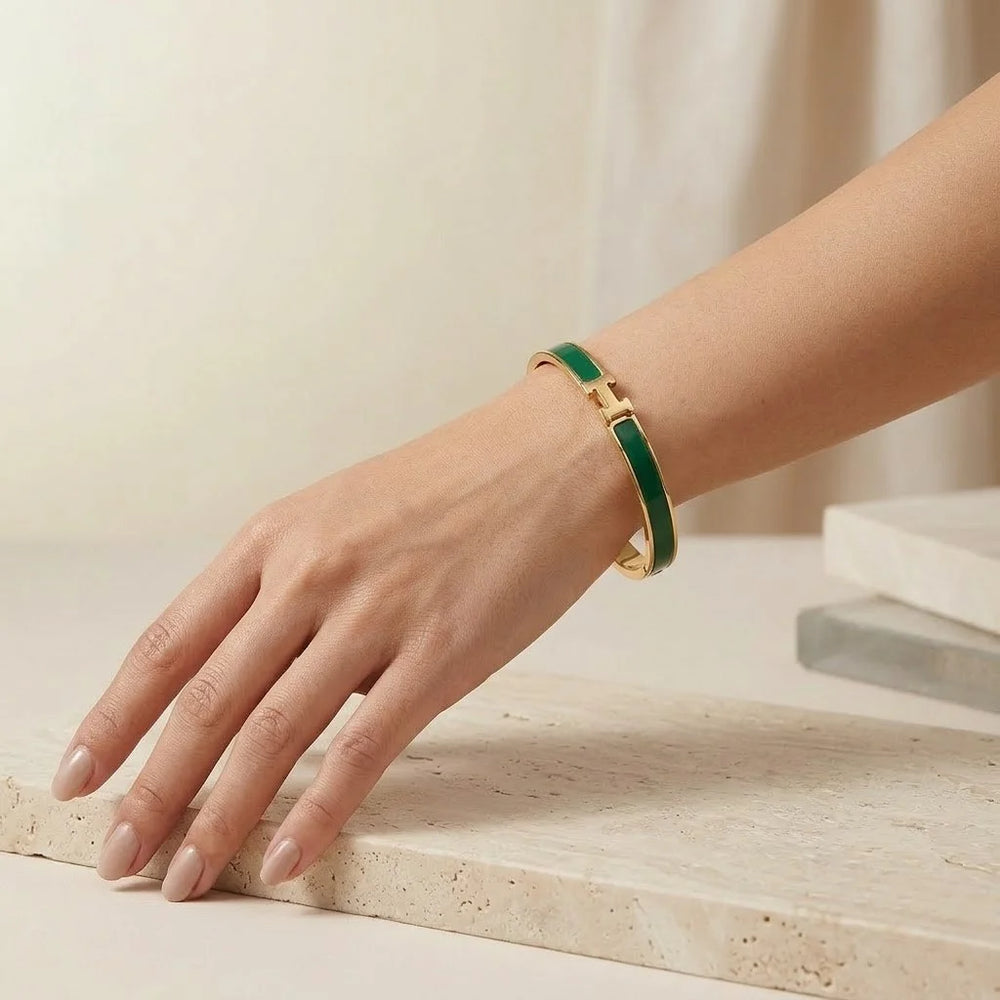 Green Enamel H Bangle | Anti-Tarnish Gold Plated Bracelet | Moncheri Jewels