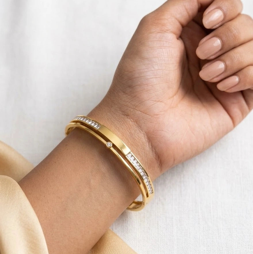 Elegant Baguette Zirconia Anti-Tarnish Gold-Plated Bangle Bracelet