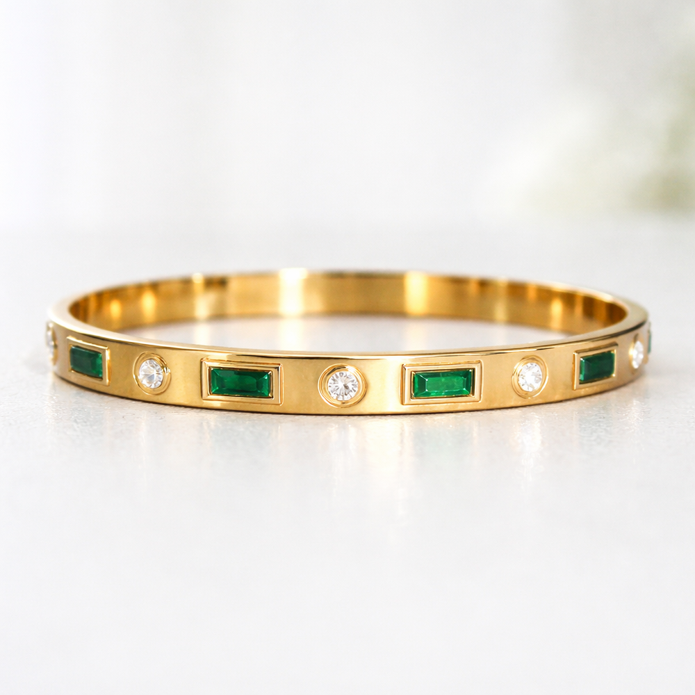 Emerald Green Stone Anti-Tarnish Gold Plated Bangle Bracelet for Women