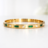 Emerald Green Stone Anti-Tarnish Gold Plated Bangle Bracelet for Women