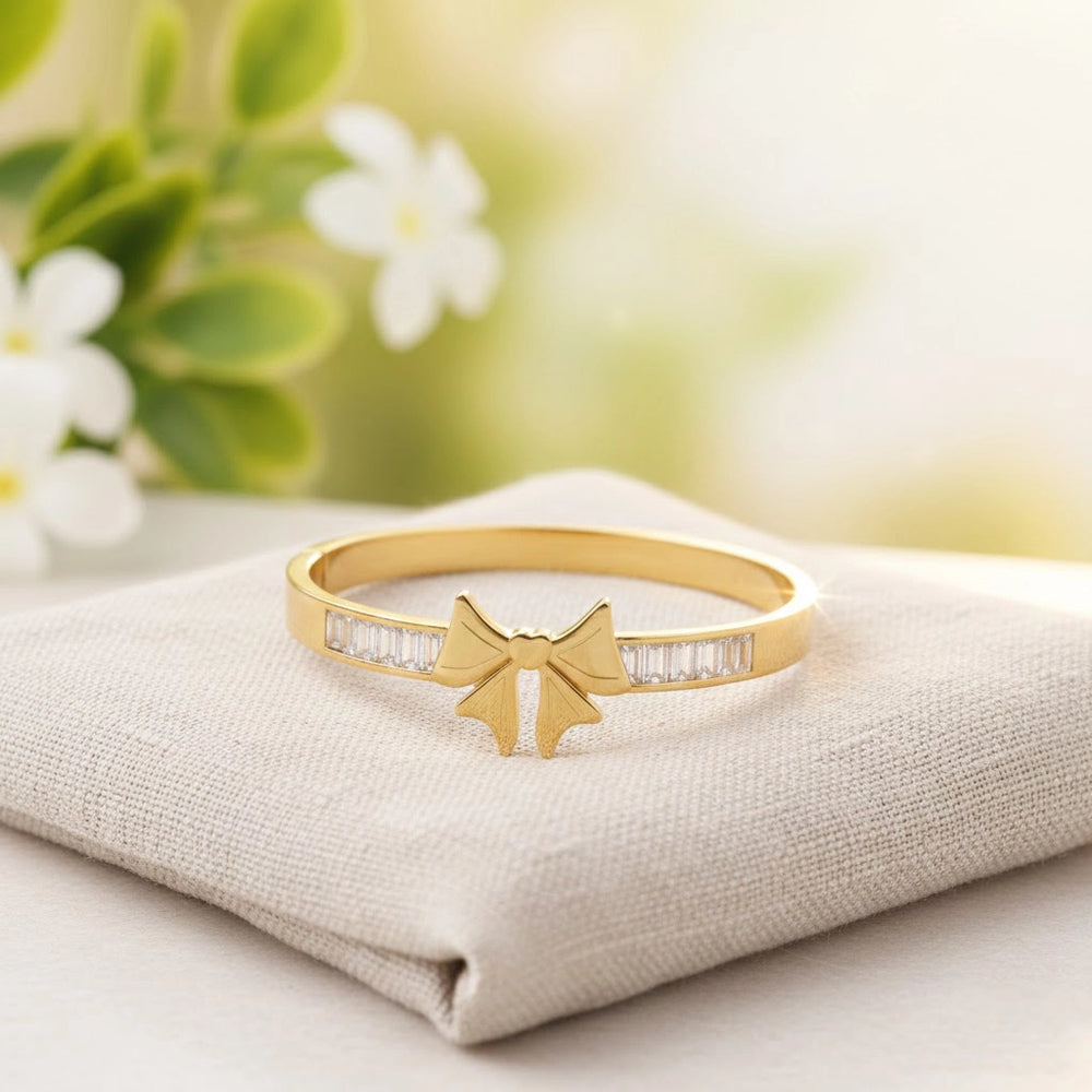 Gold Plated Bow Bangle with Baguette Crystals | Anti-Tarnish Korean Cuff Bracelet