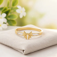 Gold Plated Bow Bangle with Baguette Crystals | Anti-Tarnish Korean Cuff Bracelet