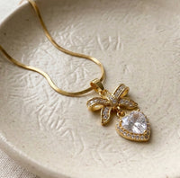 Anti-Tarnish Gold Plated Bow & Heart Pendant Necklace | Dainty CZ Jewelry
