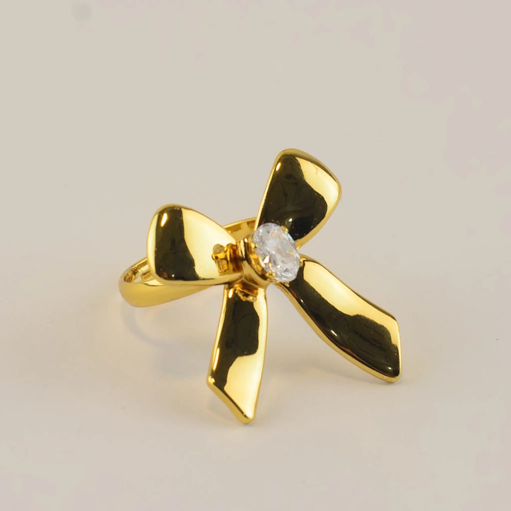Oversized Ribbon Bow Statement Ring - Anti Tarnish Gold Plated