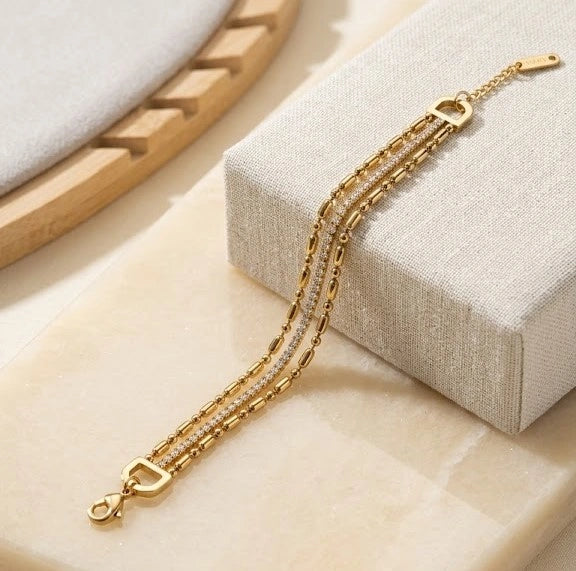 Layered Crystal & Beaded Gold Plated Bracelet | Anti-Tarnish Everyday Wear