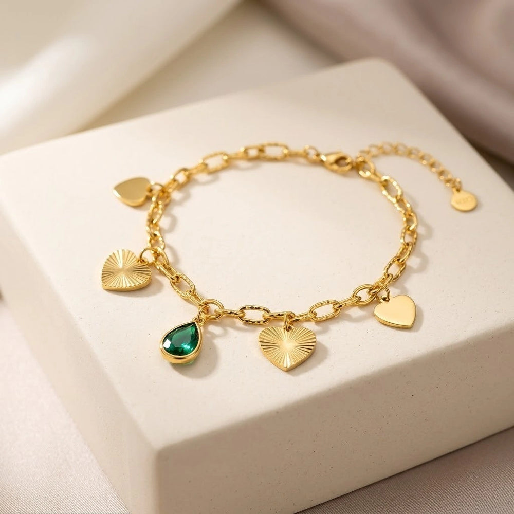 Emerald Heart Charm Anti Tarnish Gold Plated Bracelet for Women