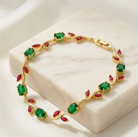 Red & Green Stone Wavy Vine Anti-Tarnish Gold Plated Bracelet