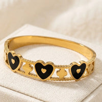 Black Heart Enamel Bangle - Anti-Tarnish Gold-Plated Bracelet for Women