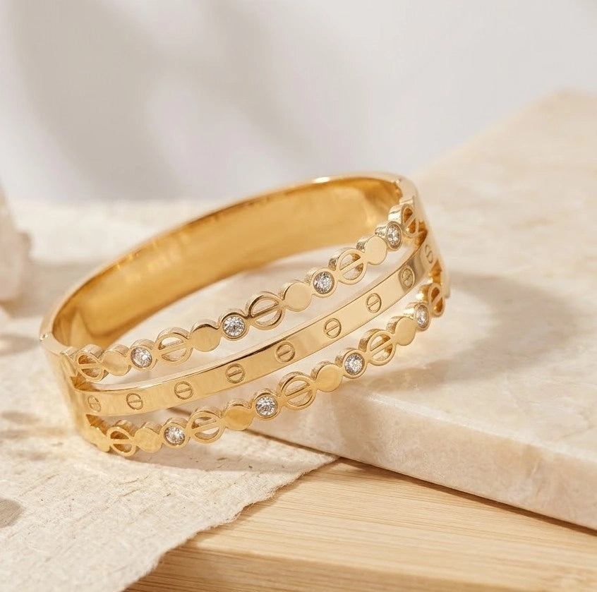 Geometric Layered Cuff Bracelet - Anti-Tarnish Gold-Plated