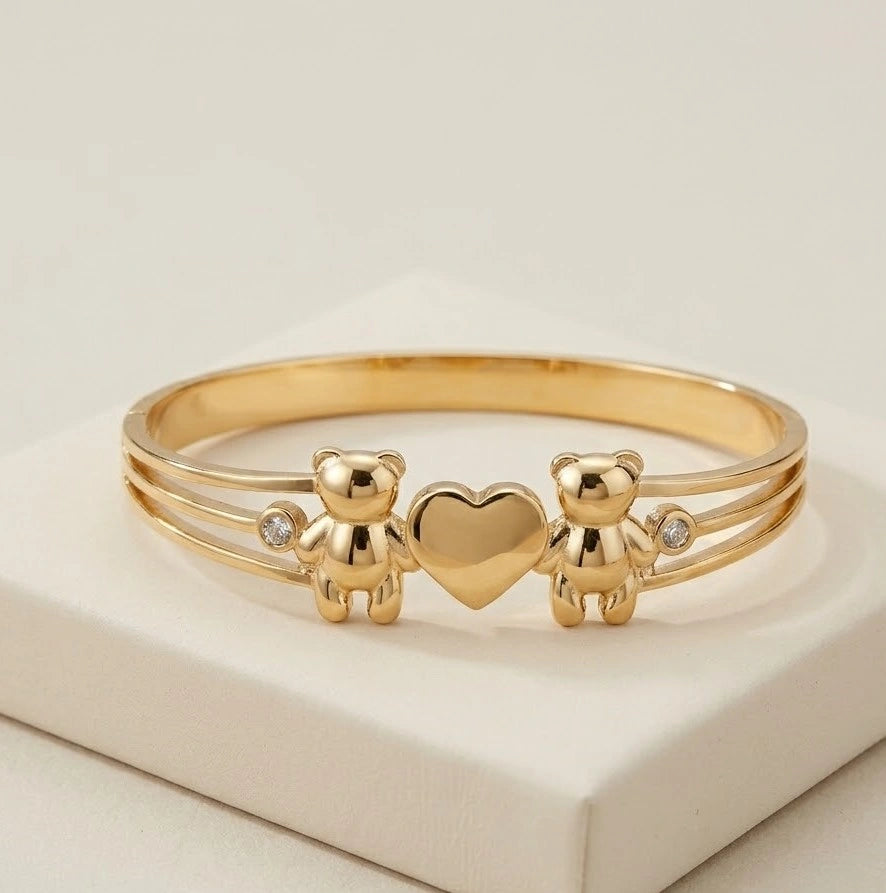 Teddy Bear Heart Cuff Bracelet - Anti Tarnish Gold Plated