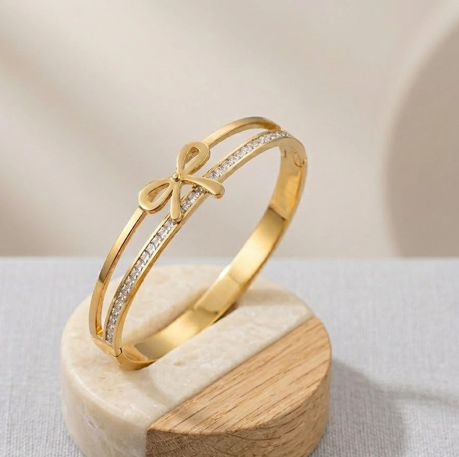 Bow Design Gold Plated Bracelet - Anti Tarnish Double Layer Bangle
