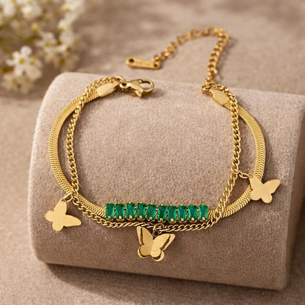 Korean Butterfly Green Stone Layered Bracelet - Anti Tarnish Gold Plated