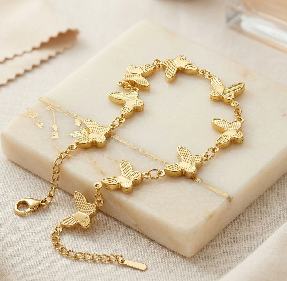 Anti-Tarnish Textured Butterfly Bracelet - Gold Plated Stainless Steel