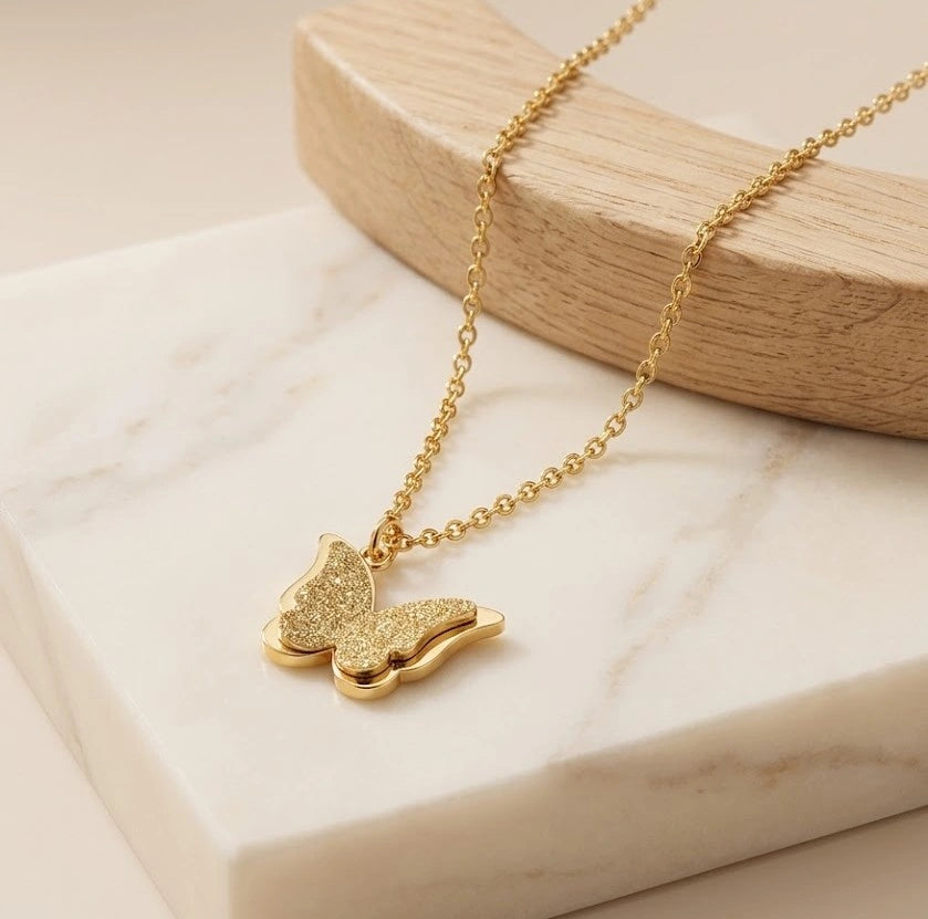 Textured Butterfly Pendant Necklace - Anti Tarnish Fashion Jewelry