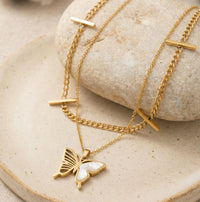 Anti-Tarnish Gold Plated Butterfly Layered Necklace | Pearl Inlay Double Chain
