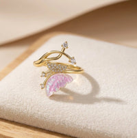 Anti-Tarnish Gold-Plated Butterfly Ring with Pink Opal Stone for Women
