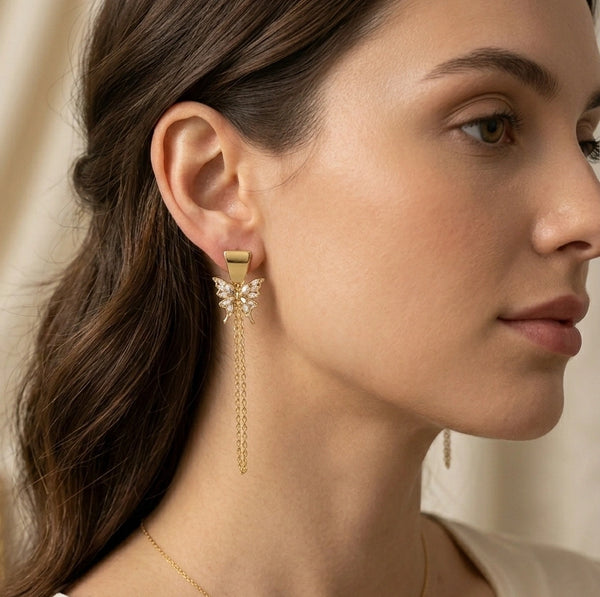 Anti-Tarnish Gold Plated Crystal Butterfly Tassel Earrings