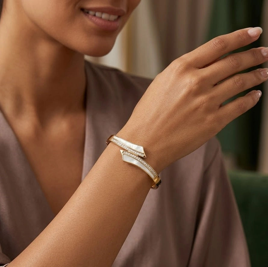 Anti-Tarnish Gold-Plated Bypass Bracelet with White Inlay & CZ Crystals