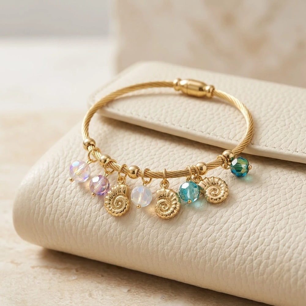 Ocean Shell Anti Tarnish Gold Plated Charm Bracelet for Women | Korean Style Crystal Bangle