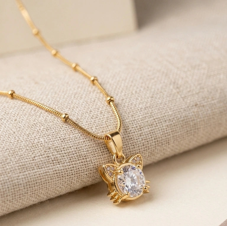 Anti-Tarnish Gold Plated Cat Pendant Necklace | Sparkling CZ Kitty Jewelry for Women & Girls