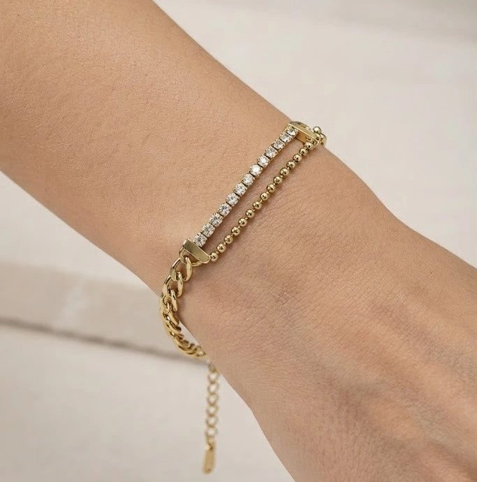 Dual Layer Crystal Cuban Link Gold-Plated Bracelet - Anti Tarnish