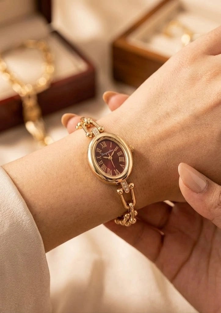 Vintage Oval Maroon Dial Anti-Tarnish Gold Plated Bracelet Watch