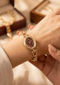 Vintage Oval Maroon Dial Anti-Tarnish Gold Plated Bracelet Watch