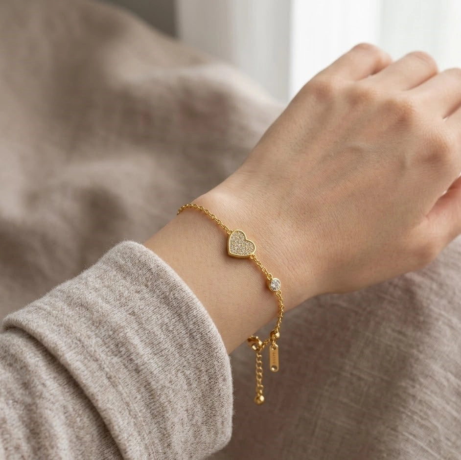 Pave Heart Charm Gold Plated Bracelet | Anti-Tarnish Minimalist Jewelry