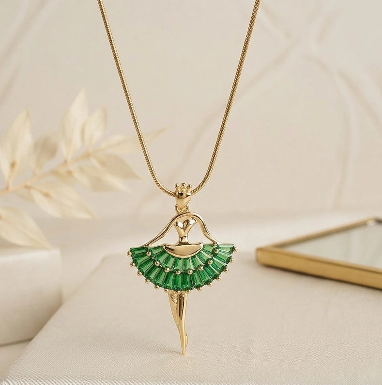 Emerald Green Ballerina Necklace - Anti-Tarnish Gold Plated Dancing Girl Pendant
