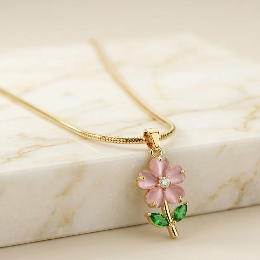 Pink Flower Pendant Necklace - Anti-Tarnish Gold Plated | Moncheri Jewels