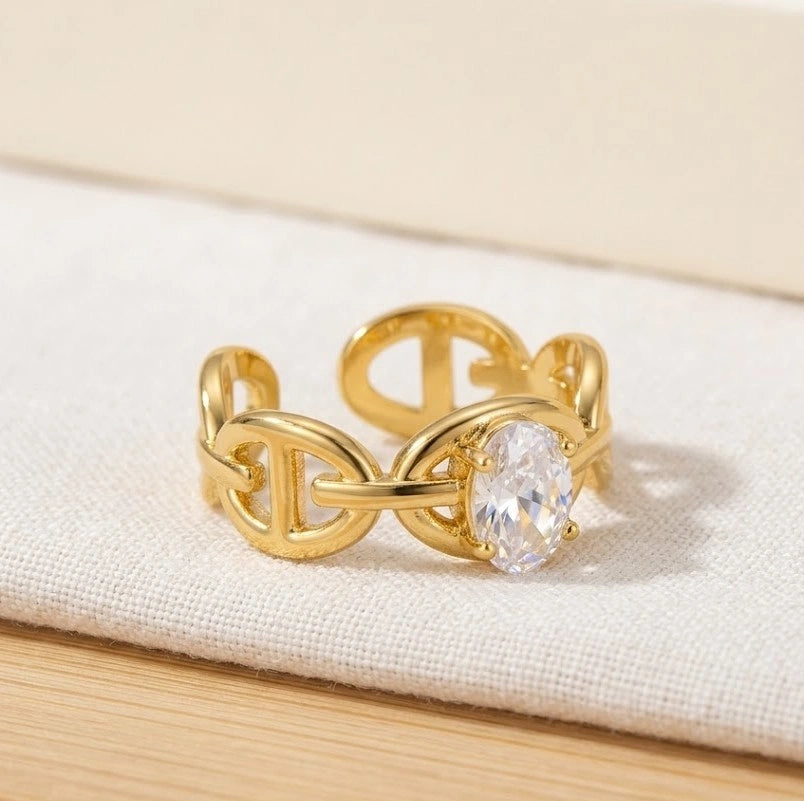 Adjustable Chain Link Ring with Oval Zircon - Anti-Tarnish Gold Plated