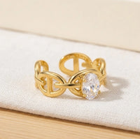 Adjustable Chain Link Ring with Oval Zircon - Anti-Tarnish Gold Plated