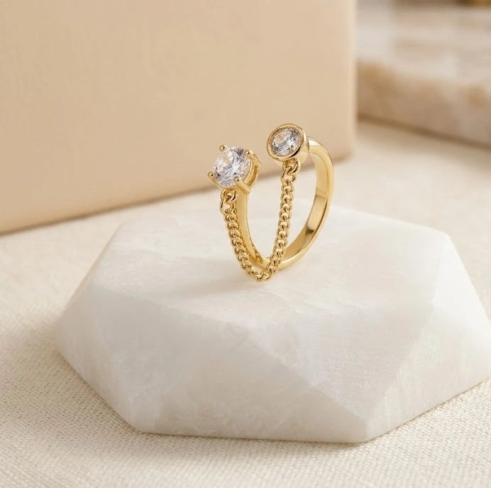 Dual Stone Chain Link Open Ring - Anti Tarnish Fashion Jewelry