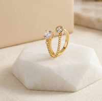 Dual Stone Chain Link Open Ring - Anti Tarnish Fashion Jewelry
