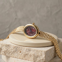 Vintage Maroon Dial Oval Watch | Anti-Tarnish Gold Plated Chain Watch