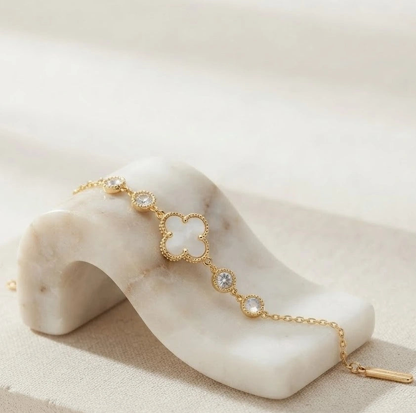 White Clover Motif Gold Plated Bracelet | Anti-Tarnish